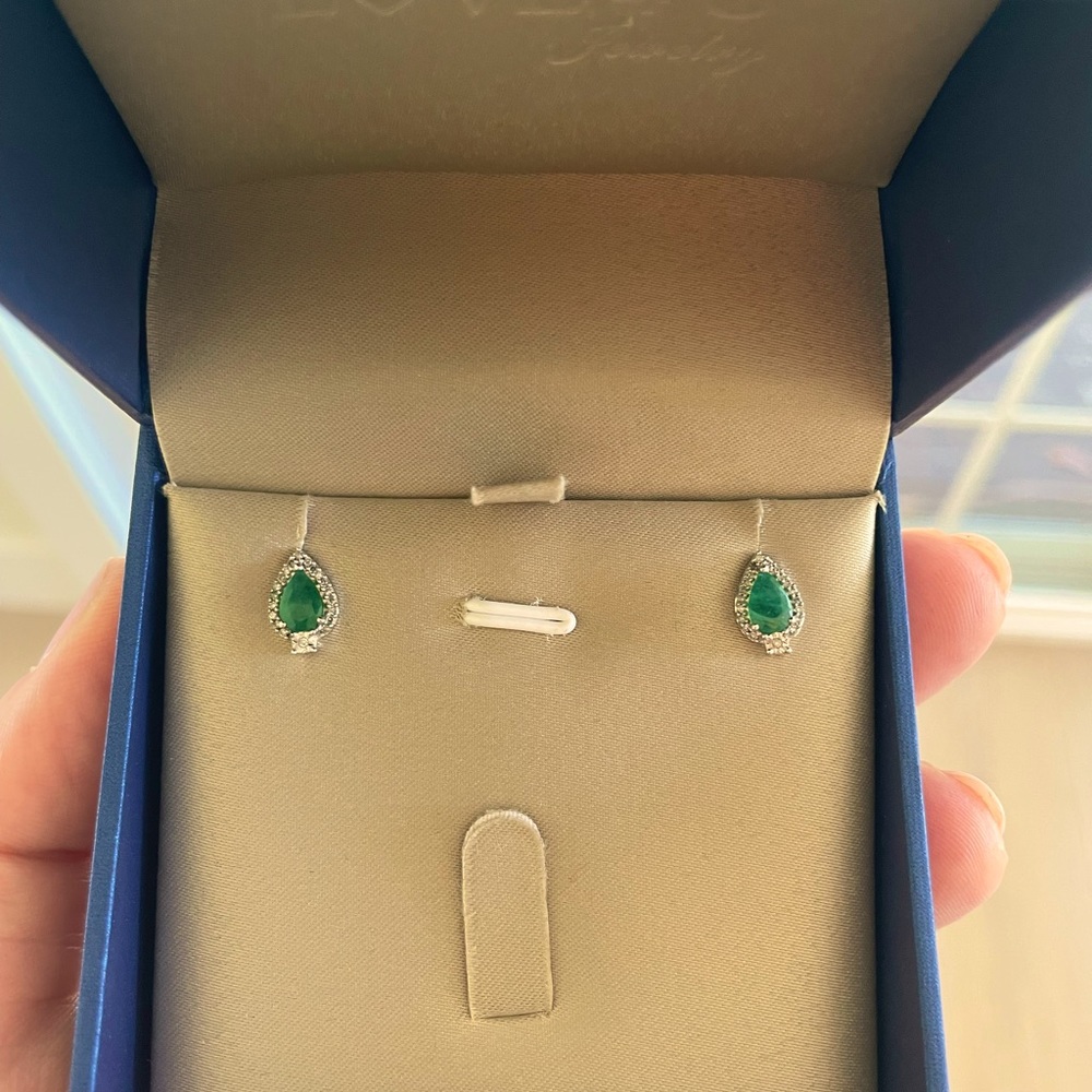Emerald, diamond and 10k white gold studs